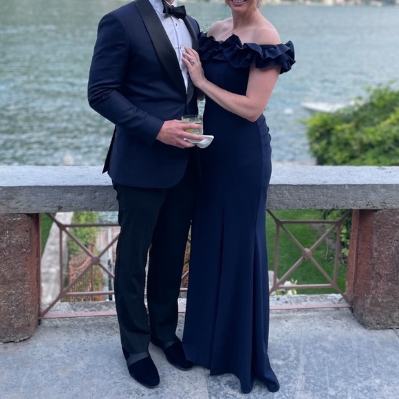 Navy Ruffled Off The Shoulder Formal Dress - Aqua Brand, size 6. Worn twice - Picture 3 of 8